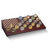 ASmileIndeep Solid Wood American Flag Challenge Coin Display Case Holds 40 Coins, 6 Rows Military Coin Holder Rack with Sloped Design for Desk Stand Display, Mahogany Finish