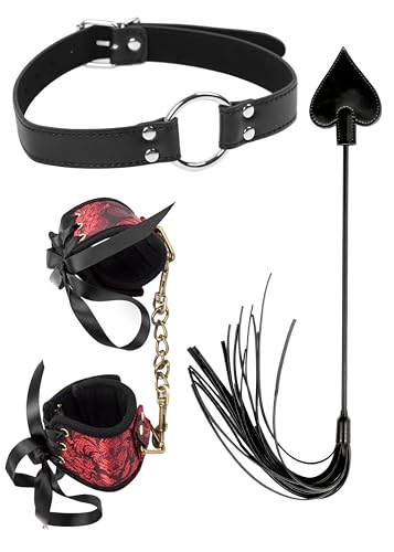 Faux Leather Whip Riding Crop, Couple Handcuffs for Grownups Bedroom, Adjustable PU Leather Choker for Women, 3pcs Set, Floggers Adult Play