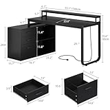 DWVO L Shaped Desk with Drawers, 55' Corner Computer Desk with Power Outlets & LED Lights, Home Office Desk with File Cabinet, Black