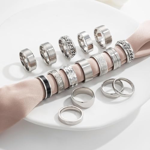RIOSO 16Pcs Men's Stainless Steel Rings Cool Band Ring for Women Men Simple Wedding Engagement Ring Set4