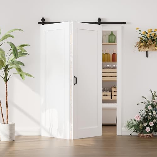Image of 60 inchx80 inch White 1-Panel Bi-fold Barn Door Slab with 64 inch Track Kit Included