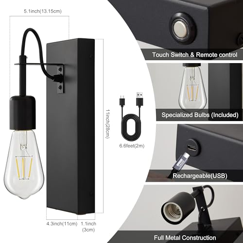 Image of Battery Operated Wall Sconces Set of 2, Black Rechargeable Wall Lights with 8000mA Dimmable Detachable Bulbs, Industrial Wall Lamp for Living Room Bedroom Dining Room