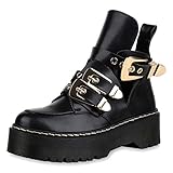  SCARPE VITA Damen Stiefeletten Plateau Boots Cut Out Ankle Booties Schnallen 173337 Schwarz Gold 37