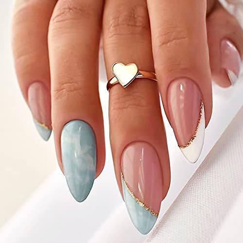 French Tip Press on Nails Almond Fake Nails Blue And White Nail Tip Acrylic Nails Medium False Nails with Design Full Cover Glue on Nails Artificial Nails Glossy Stick on Nails for Women Girls 24Pcs