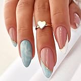 French Tip Press on Nails Almond Fake Nails Blue And White Nail Tip Acrylic Nails Medium False Nails