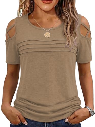 Jar of Love Womens Short Sleeve Cold Shoulder T Shirts Criss Cross Spring Summer Going Out Tops Pleated Front Casual Tops Shirts 2026 M Khaki