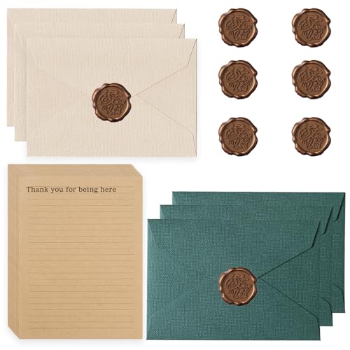 22 Unidades de Papel De Carta Vintage, Juego Con 6 Sobres de Lino Y Sellos de Cera, 10 A5, Papel De Carta Vintage, Sobres de Estraza Para CumpleañOs, Invitaciones de Boda, Tarjetas de Verde