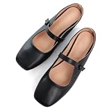 TN TANGNEST Mules for Women Retro Adjustable Buckle Mary Jane Flats Cute Square Toe Backless Loafers Slip On Flat Mules Black 41(8.5)