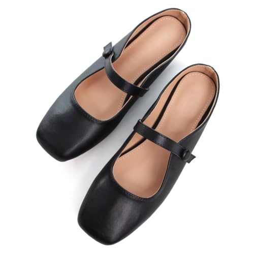 TN TANGNEST Mules for Women Retro Adjustable Buckle Mary Jane Flats Cute Square Toe Backless Loafers Slip On Flat Mules Black 43(10)