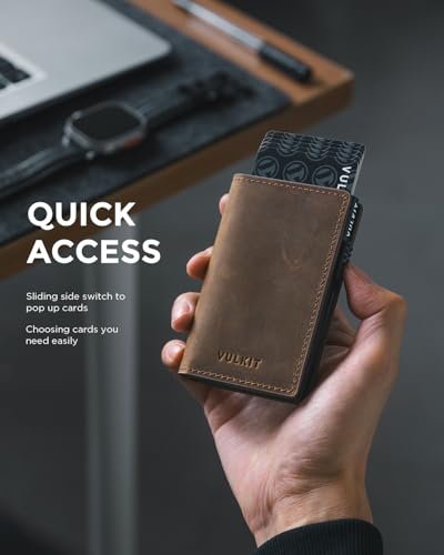 Image of VULKIT Minimalist Card Holder Wallet Premium Pull-Up Leather Pop Up Cards RFID Protection Holds Up to 10 Cards, Magnetic Closure