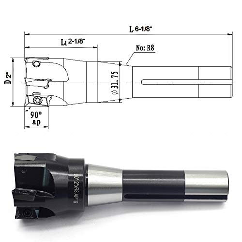 Oscarbide Indexable End Mills 2"Cutting Diameter,6-1/8"Overall Length,5 Flutes,R8 Shank,90 Degree With 5 Pieces Apkt1604 Carbide Inserts #TOP1