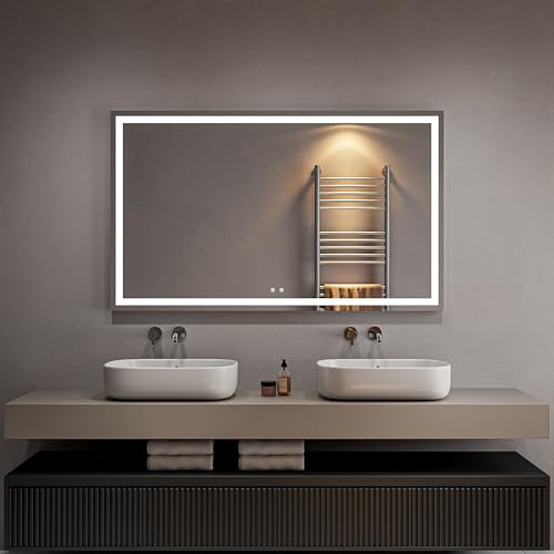 Mirrona 55"x30" LED Mirror with 3 Color Light, Rectangular Dimmable & Anti-Fog, Aluminum Frame Copper Free Decorative Mirror for Bathroom, Entryway Makeup, Vanity, Vertically Wall Mounted