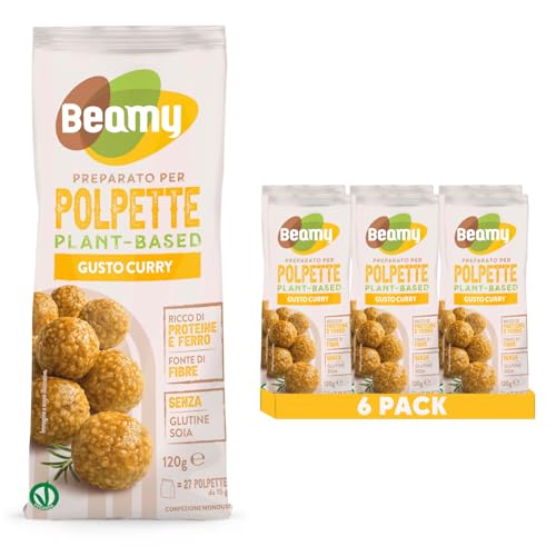 Beamy, Preparato per Burger e Polpette Plant-Based, Mix Vegetale Alternativo alla Carne, Senza Glutine e Conservanti, Gusto Curry, 6x120 g