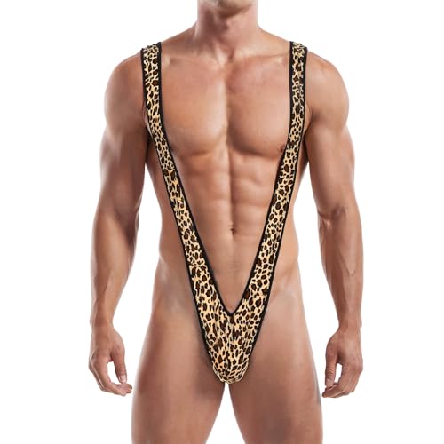 Mens Sexy V Sling Underwear One Piece Bodysuit Strap Swimsuit Bulge Pouch Mankini Thong Gag Gift (US, Alpha, One Size, Regular, Regular, Leopard Print)2