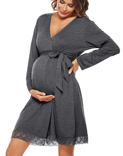 Image of SWOMOG Women's Maternity Nursing Robe Pregnancy Breastfeeding Bathrobes 3 in 1 Labor Delivery Nightgown
