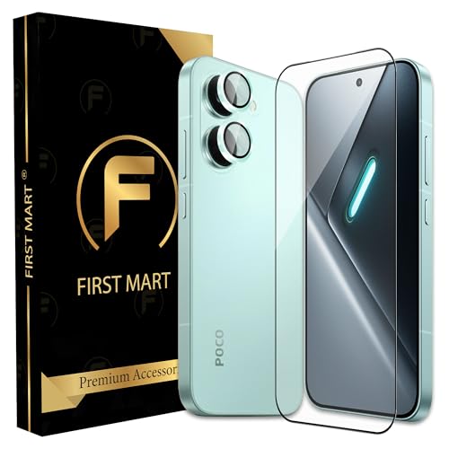 Image of FIRST MART Tempered Glass for Poco X8 Pro 5G with Blue Camera Ring Guard & Installation Kit | HD Clear Edge-to-Edge Screen Protector, Scratch Resistant, Case-Friendly | Pack of 1