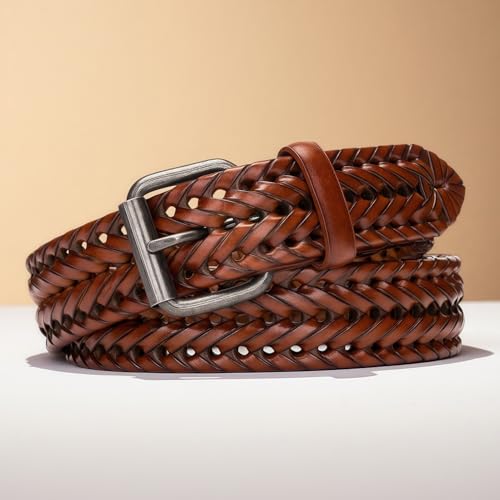 Mens Braided Belt for Jeans Pants Casual Belts with Classic Single Prong Buckle