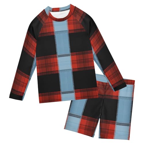 Red and Bule Buffalo Check Plaid Boys Rash Guard Swimsuits Set Long Sleeve Swim Shirts Bathing Suits B0404337
