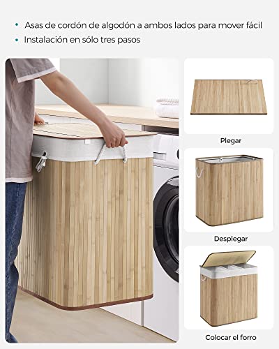 SONGMICS - Cesta de lavandería (150 L, 3 compartimentos de clasificación, tapa de bambú, asas, plegable, bolsa extraíble lavable a máquina, para lavandería, dormitorio, color madera LCB091N01 - imagen 9