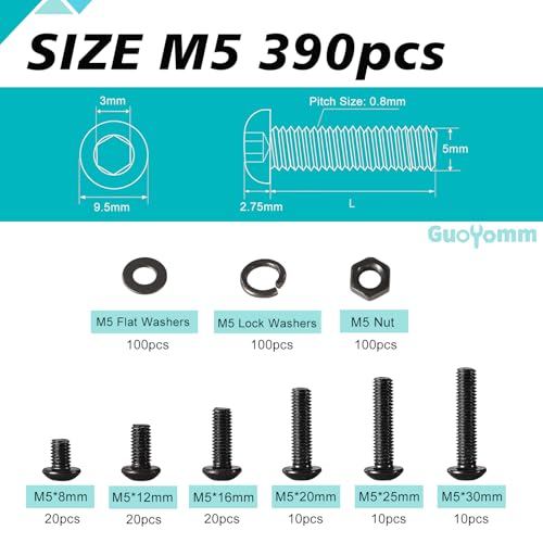 390 PCS M5 x 8mm 12mm 16mm 20mm 25mm 30mm, Button Head Socket Cap Screws Bolts Washers Nuts Assortment Kit, 10.9 Grade Alloy Steel, Black Oxide Finish, Metric Allen Hex Drive