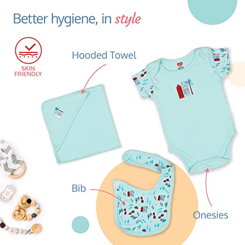 Image of LuvLap Newborn Baby Garment Gift Set, Pack of 8, Pastel Green All Over Print, Short-Sleeve Jhabla, Pyjama,Half-Sleeve Onesie, Cotton Bib, Cap, a Pair of Booties, a Pair of Mittens & 1 Hooded Towel