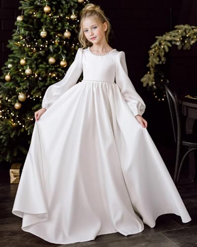 Fall Long Sleeve Flower Girl Dress with Bow Knot Crewneck Pearls Satin First Communion Dress3