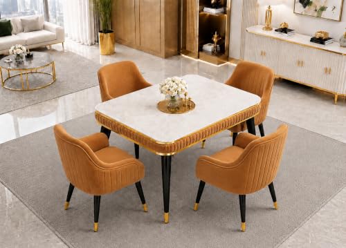 Image of WOODEN SPACE 4 Seater Wooden Dining Table Set | Urban Marble Top Dining Table with Chairs for Dining Room & Kitchen (Modern Zyro Mustard) (54 x 36 x 30 inch)