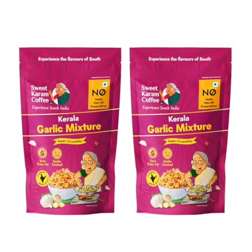 Image of Sweet Karam Coffee Kerala Garlic Mixture - Pack of 2 (95g each) | Crispy South Indian Snack | No Palm Oil or Preservatives | Bold & Spicy Flavor | Authentic Homestyle Tea-Time Mixture