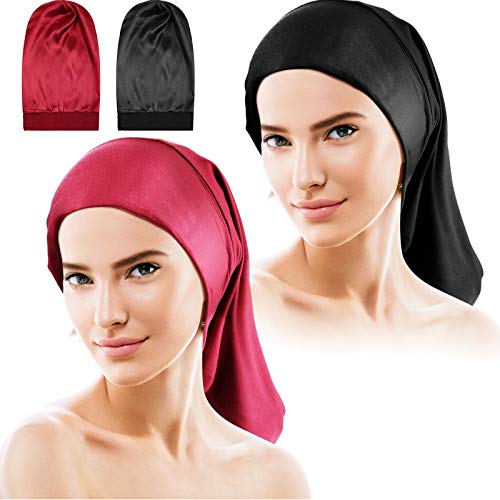 2 Pieces Adjustable Satin Lined Sleep Caps Extra Large Bonnet Silky Hair Wrap Sleep Cap with Soft Elastic Buckle for Long Hair, Braids, Dreadlocks, Curly Hair (Black, Wine Red)
