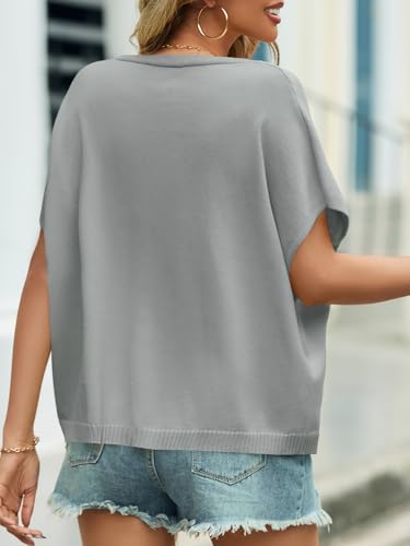 Image of Saodimallsu Womens Summer Oversized Cardigans Batwing Short Sleeve Lightweight Button V Neck Casual Knit Sweater Tops