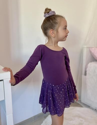 Image of Arshiner Girls Long Sleeve Ballet Leotards with Shinny Skirts Criss-Cross Back Dance Dresses