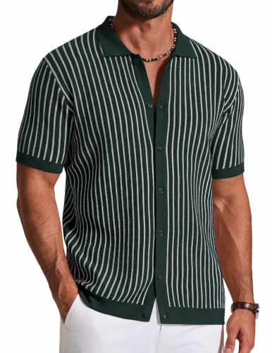 Image of COOFANDY Mens Knit Button Down Shirts Short Sleeve Polo Shirt Vintage Striped Casual Shirts