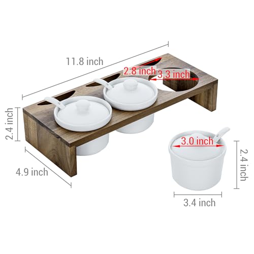 MyGift 10 Piece Condiment Pot Serving Set Includes Premium Acacia Solid Wood Raised Display Server Tray and 3 Ceramic Ramekin Dip Bowls with Lids and Spoons
