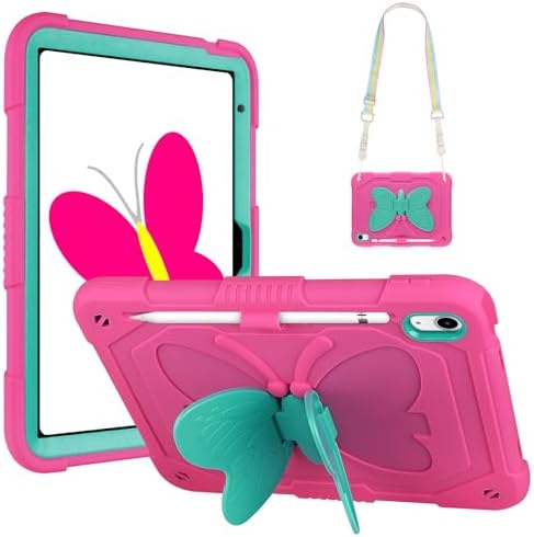 WESADN for iPad A16 Case 11 inch 2025 for iPad 10th Generation Case 10.9 inch 2022 with Kickstand Butterfly Wings Lanyard Carrying Strap Rugged Cases Pencil Holder Girls Kids Cover, Rose Red