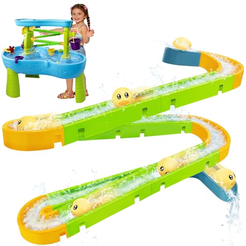 Water Slide Toys for Step2 Rain Showers Water Table Accessories Quick-Install Summer Outdoor Water Play Table Toys Track Building Set with 6 Duck-Face Rolling Balls for Toddlers Kids Ages 3+