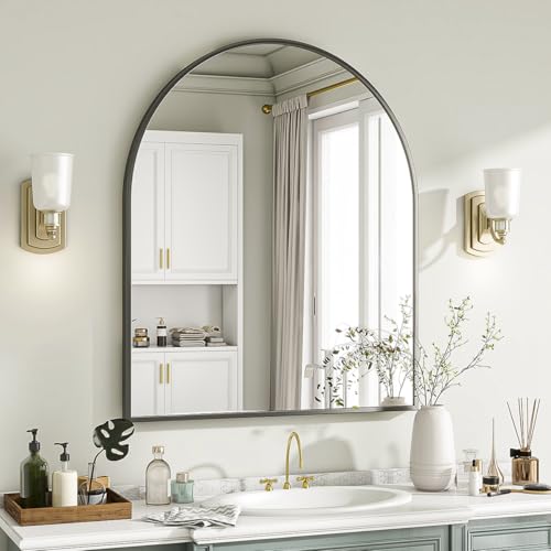 Image of VooBang Arched Wall Mirror, 26 x 28 inch Arch Bathroom Mirror, Wall Mounted Vanity Mirror with Arch Metal Frame, Modern Bathroom Vanity Mirror for Bedroom, Living Room, Hanging or Leaning, Black