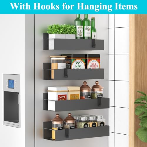 Image of HuggieGems Metal Magnetic Spice Rack for Refrigerator Dark Gray, 4 Pack | Magnetic Shelves Heavy Duty for Fridge in Kitchen, Seasoning Storage Organizer, For Oven Washer and Dryer, For Heavier Items