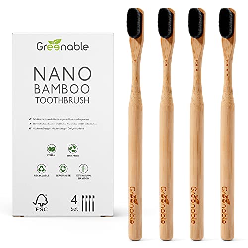 Greenable ® Nano Brosse à dents en bambou [Lot de 4] - 20 000 poils extra doux - 100 % sans BPA - Brosse à dents en bambou végétalienne & durable (noir) thumbnail