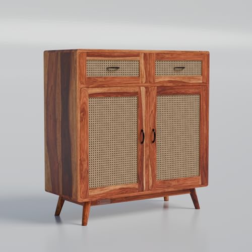 Image of DRIFTINGWOOD Amber Solid Sheesham Wood Sideboard Cabinet | 2-Door Storage Console with 2 Drawers for Living Room & Dining Room | Honey Finish