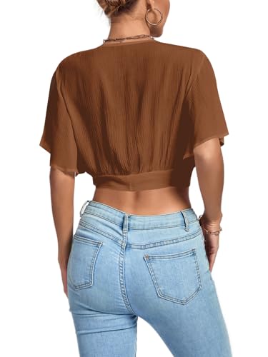 Image of LYANER Women's Sexy Deep V Neck Tie Front Wrap Cropped Blouse Bell Short Sleeve Ruffle Crop Tops