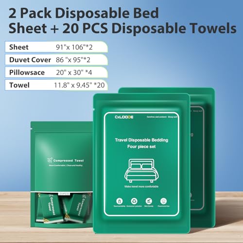 Image of 2 Pack Disposable Bed Sheet for Travel with 20 PCS Disposable Face Towels, Disposable Bed Sheets with Compressed Towel Travel Sheet for Hotel, Cruise, Trip, SPA, Camping