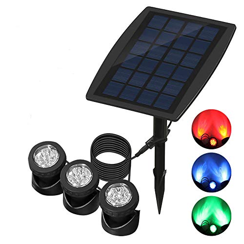 LemonBest 3-Head-Lamp Solar Light Spotlight RGB Color Changing 4-Light-Mode Underwater Submersible Lamps IP68 Waterproof for Outdoor Landscape Pond