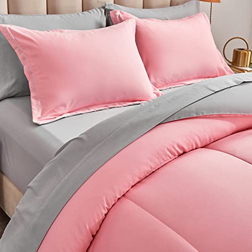 Twin Pink Comforter Set Bed In A Bag With Gray Sheet Set Reversible Soft - 1 Comforter, 2 Pillow Shams, 1 Flat Sheet, 1 Fitted Sheet, 1 Pillowcases - 6 Pieces Bedding Set #TOP6