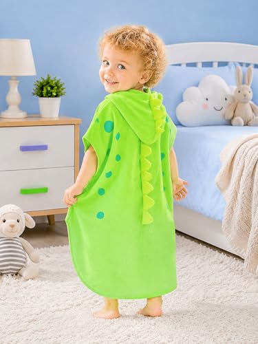Image of LOLANTA Baby Boys Dinosaur Hooded Bath Towels, Toddlers Kid's Beach Towel Pool Poncho Swim Terry Cloth Cover-Ups 100% Cotton (Green#B, 1-3T)