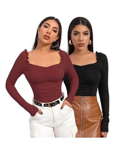 Image of Shasmi Women's & Girl's Full Sleeve, Sweat Hear Neck, Frill Trim Ruched Crop Top for Women, Tops, T-Shirts for Girls (TOP 71)