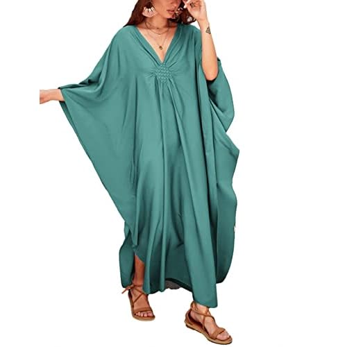 Bsubseach Women Solid Color Cover Up V Neck Batwing Sleeve Plus Size Beach Kaftan Dresses F-dark Lake Green