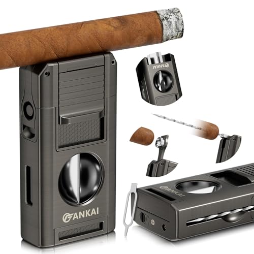 FANKAI Cigar Lighter, 5 in 1 Cigar Torch with V Cutter, Cigar Punch, Cigar Stand, Cigar Poker, Butane Lighter Double Jet Flame, Cigar Gift for Cigar Smokers (Gray)
