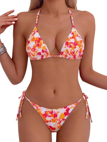 Image of Tainehs Women's Sexy Halter Thong Bikini Tie Two Sides Bottom Triangle Bikini Swimsuits