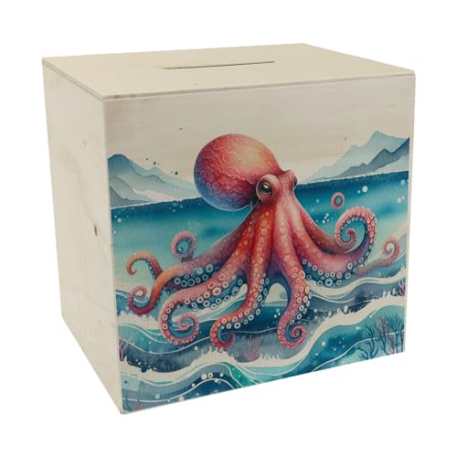 Kraken Aquarell Spardose aus Holz Schöne Kraken Aquarell Spardose aus Holz Marine Meeres-Design Ozean Tintenfisch Unterwasser Motiv