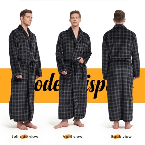 Men's Fleece Plush Bathrobe Full Length Big and Tall Shawl Collar Plaid Men Robe(Black&Grey, L/XL)2